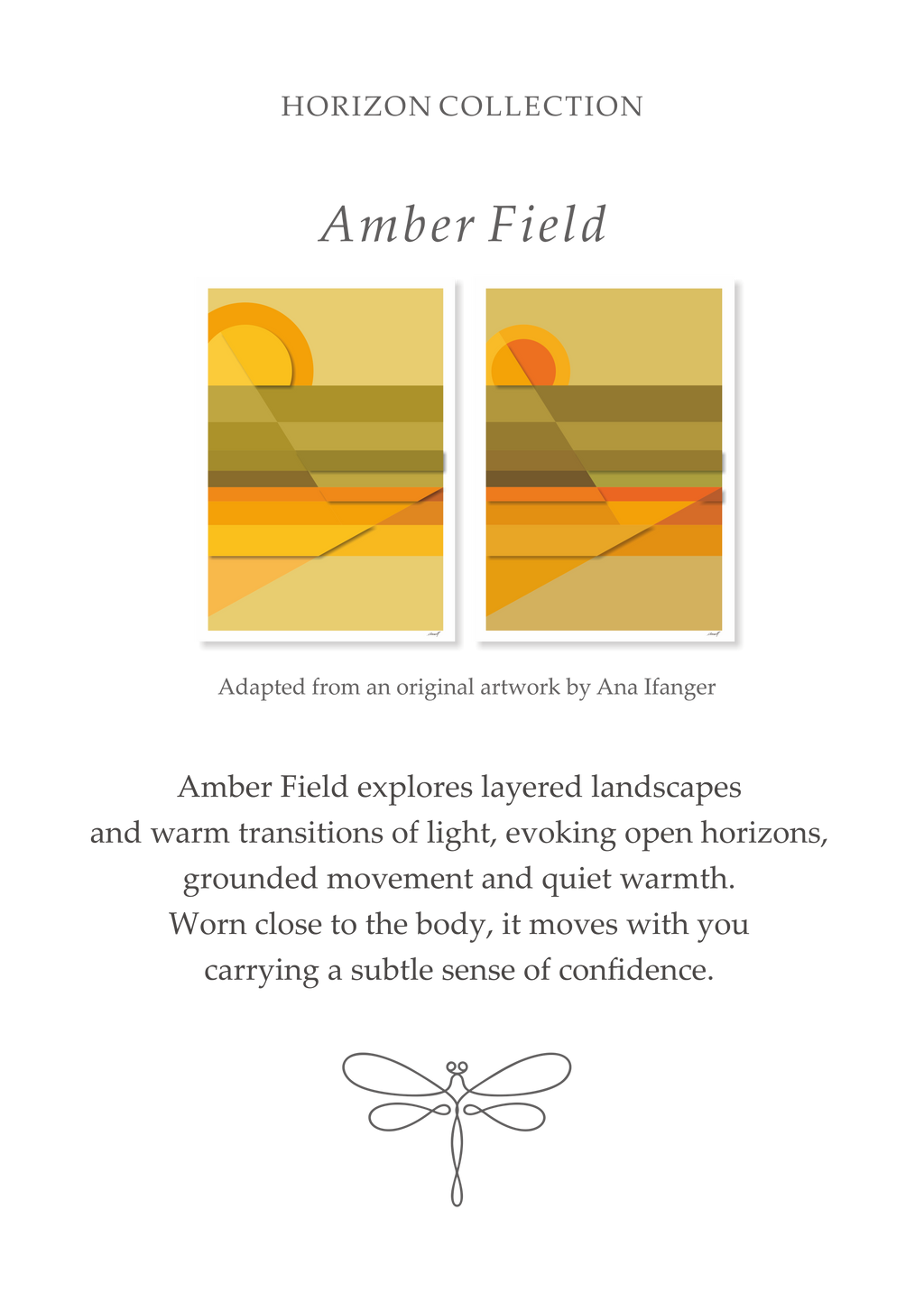Amber Field story card from the Glyph Horizon Collection, featuring the original artworks by Ana Ifanger that inspired the silk scarf design.