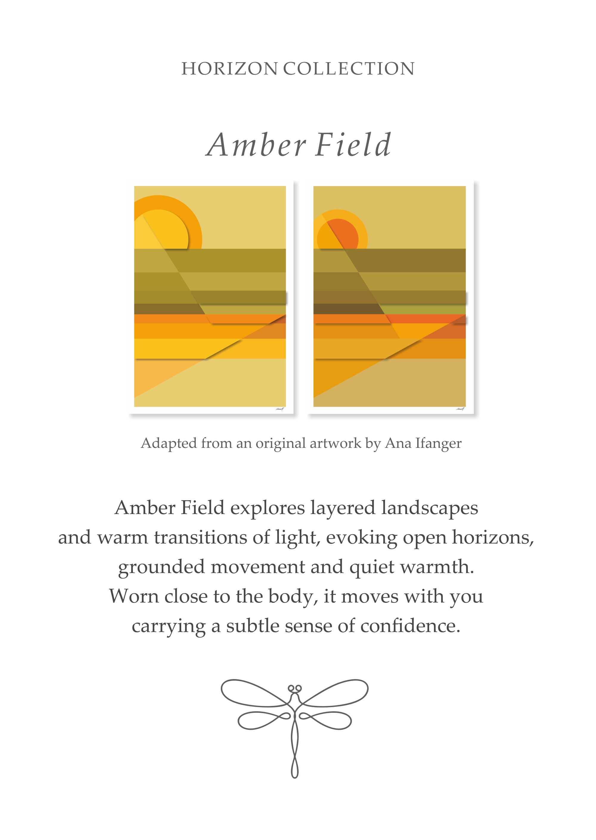 Amber Field story card from the Glyph Horizon Collection, featuring the original artworks by Ana Ifanger that inspired the silk scarf design.