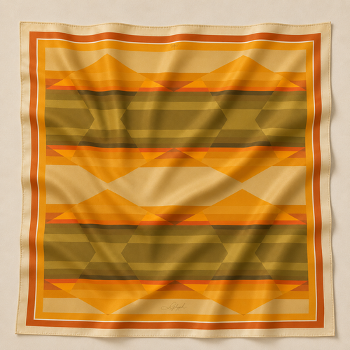 Amber Field silk scarf by Glyph, featuring a geometric design in warm amber, golden, olive and earthy tones.