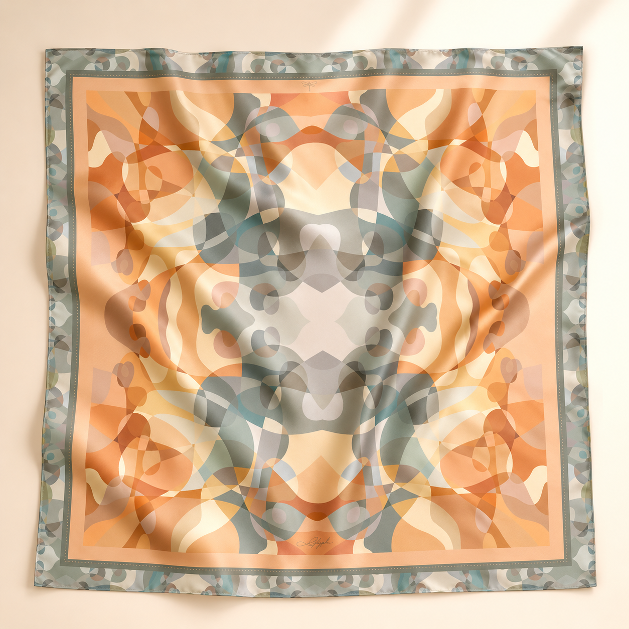 Harmony silk scarf by Glyph, featuring an abstract geometric design in peach, sage green and soft neutral tones.