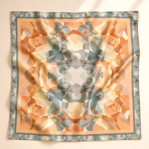 Harmony silk scarf by Glyph, featuring an abstract geometric design in peach, sage green and soft neutral tones.