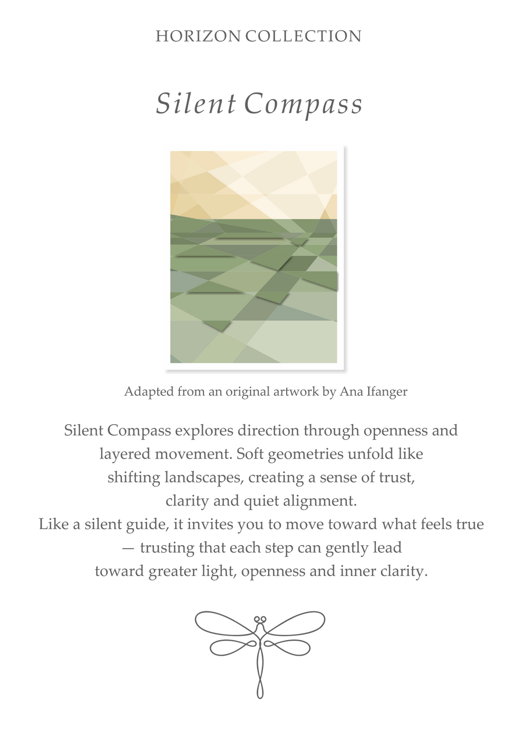 Silent Compass story card from the Glyph Horizon Collection, featuring the original artwork by Ana Ifanger and the inspiration behind the silk scarf design.