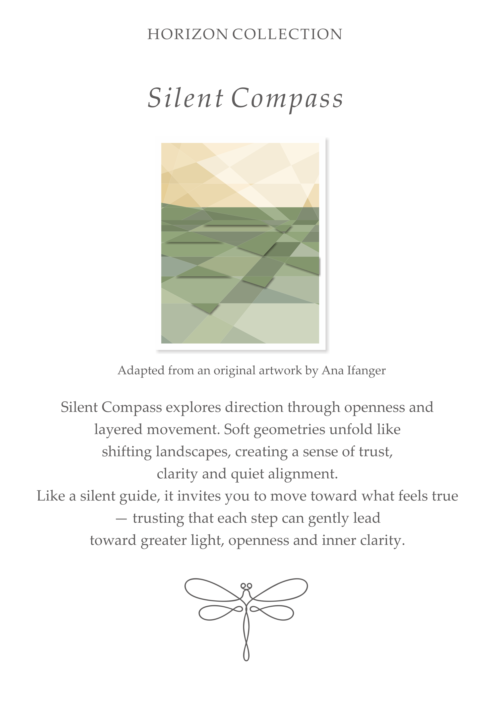Silent Compass story card from the Glyph Horizon Collection, featuring the original artwork by Ana Ifanger and the inspiration behind the silk scarf design.