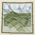 Quiet Horizon silk scarf by Glyph featuring a layered geometric landscape in sage green, soft blue and ivory, framed with olive and gold details.
