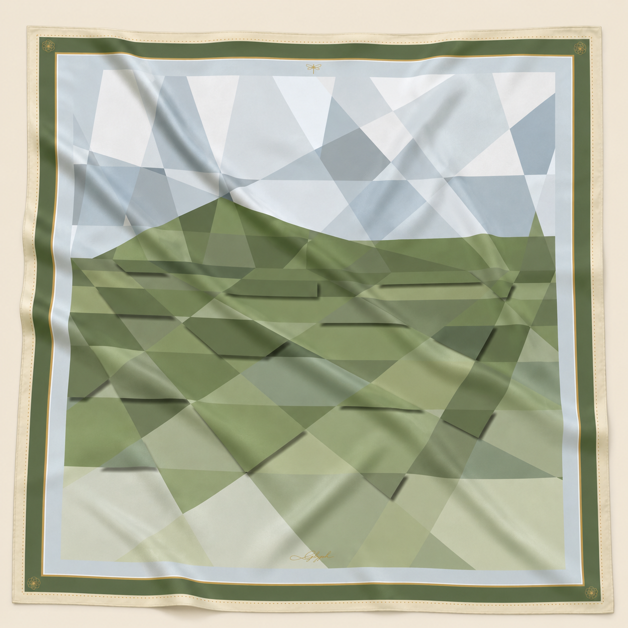 Quiet Horizon silk scarf by Glyph featuring a layered geometric landscape in sage green, soft blue and ivory, framed with olive and gold details.