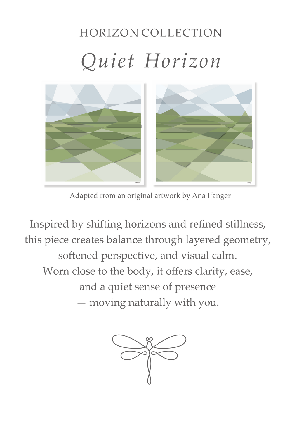 Quiet Horizon story card from the Glyph Horizon Collection, featuring the original artworks by Ana Ifanger and the intention behind the silk scarf design.