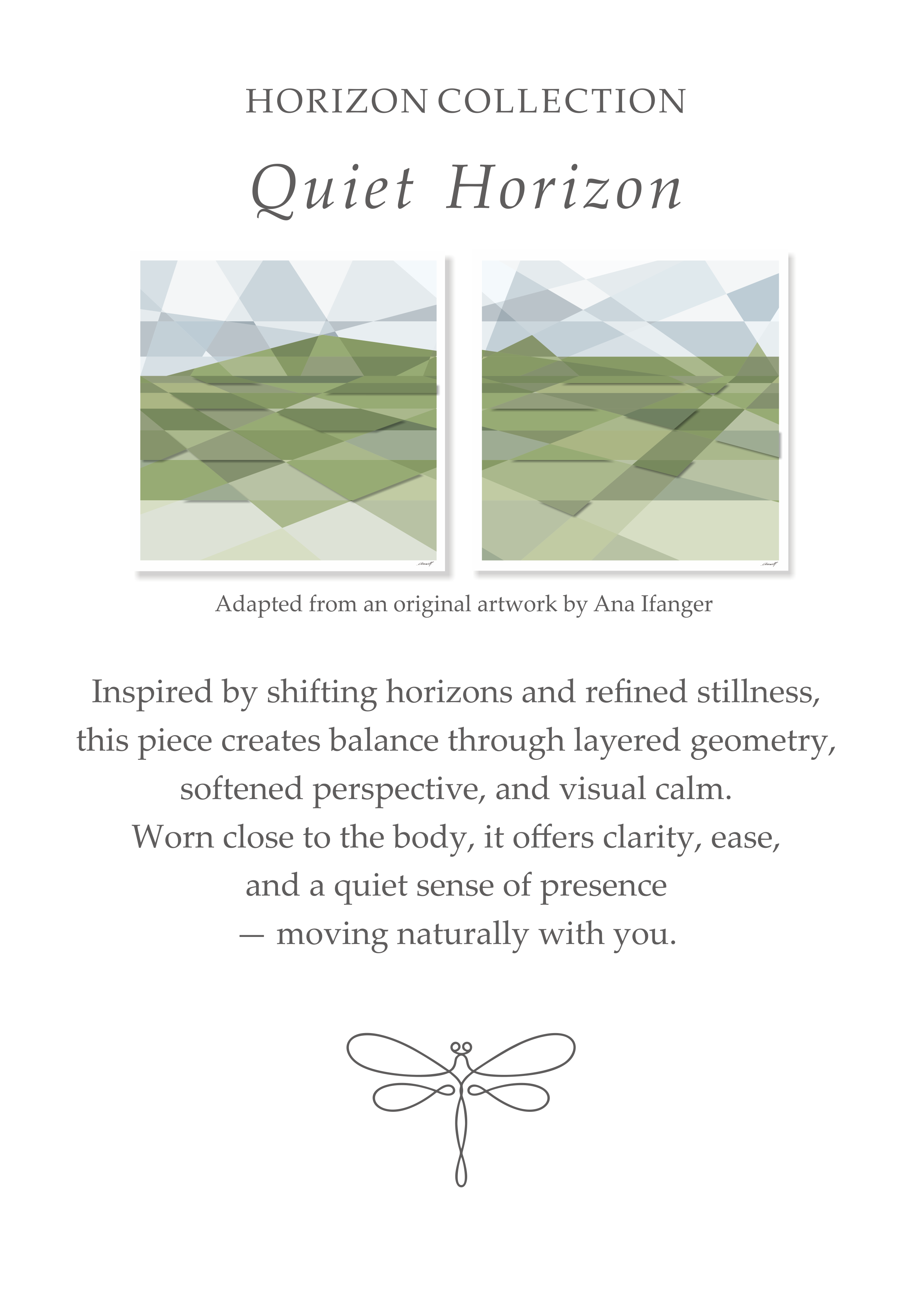 Quiet Horizon story card from the Glyph Horizon Collection, featuring the original artworks by Ana Ifanger and the intention behind the silk scarf design.