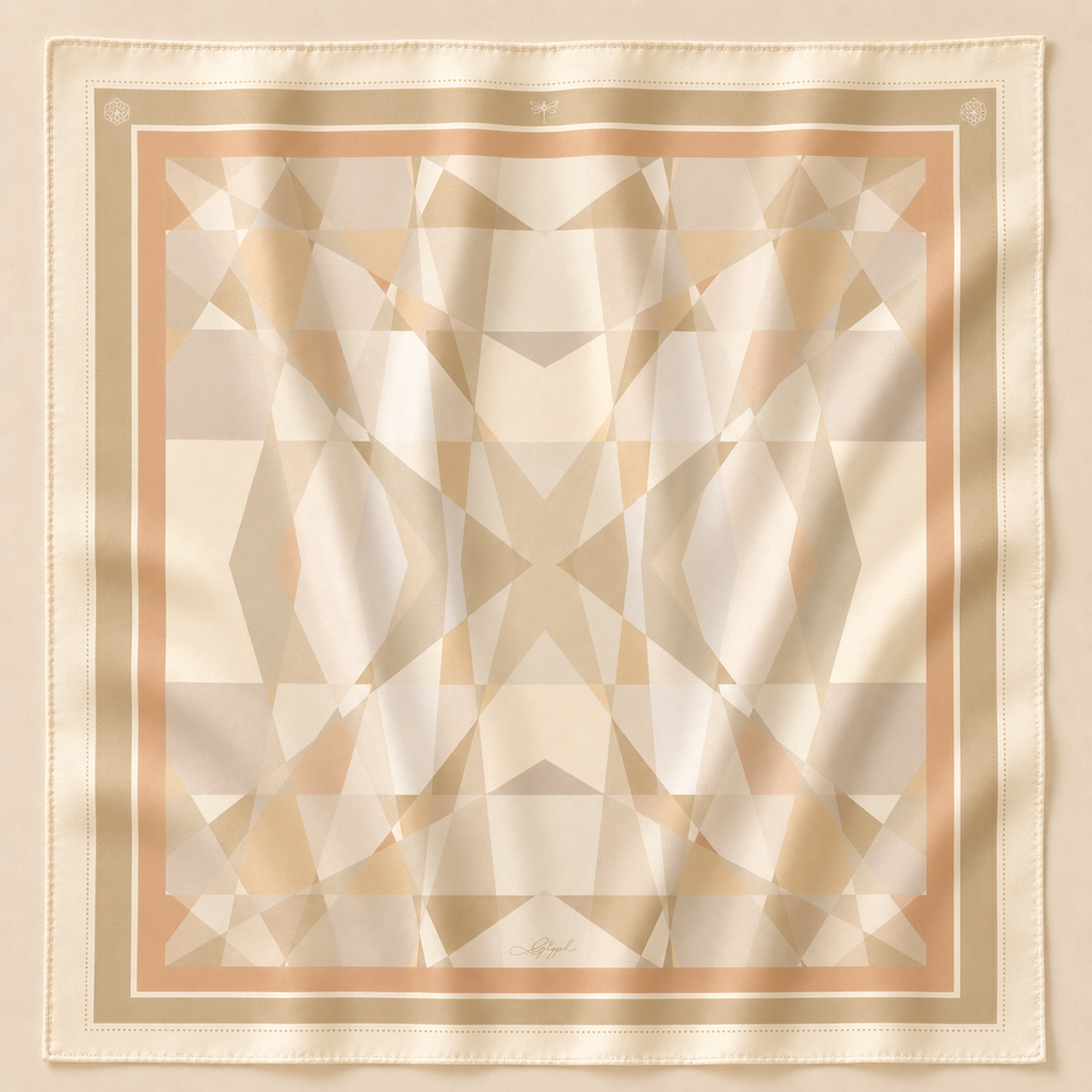Soft Structure silk scarf by Glyph, featuring layered geometric forms in champagne, cream, beige and soft gold tones.