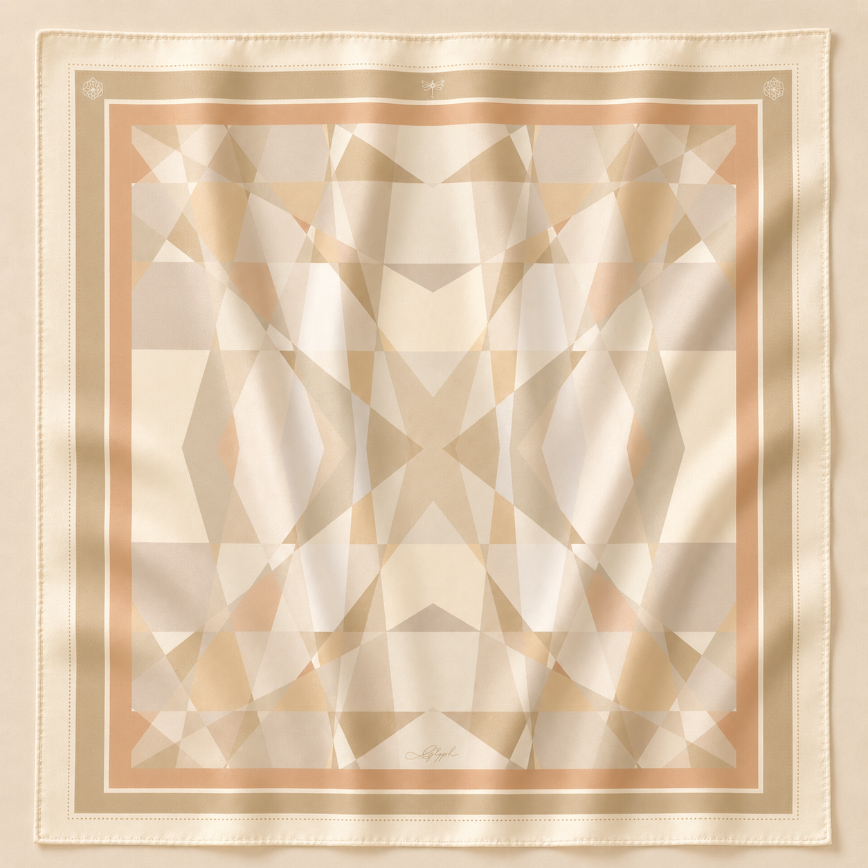 Soft Structure silk scarf by Glyph, featuring layered geometric forms in champagne, cream, beige and soft gold tones.